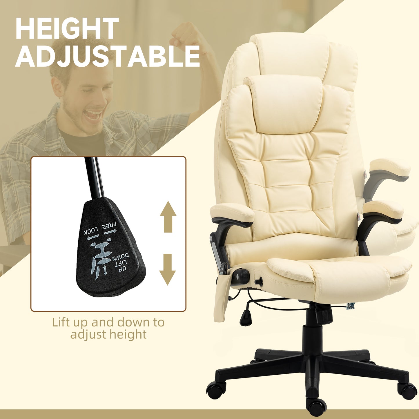 Heated Massage Office Chair, Ergonomic High Back Swivel Executive Chair with Vibration, Leather, Beige