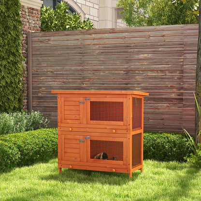 2-Tier Yellow Wooden Rabbit Hutch with 2 Main Rooms