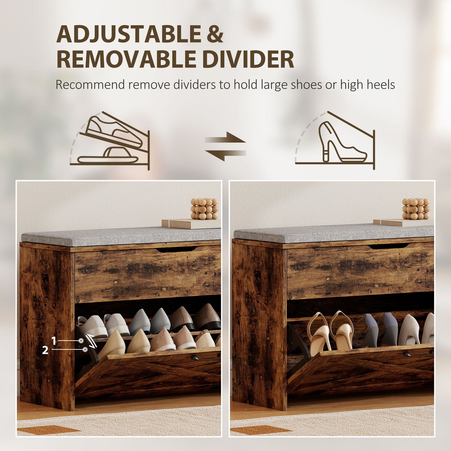 Shoe Storage Bench with Flip Drawer and Lift Top Storage, Entryway Bench with Seat Cushion for Hallway, Rustic Brown
