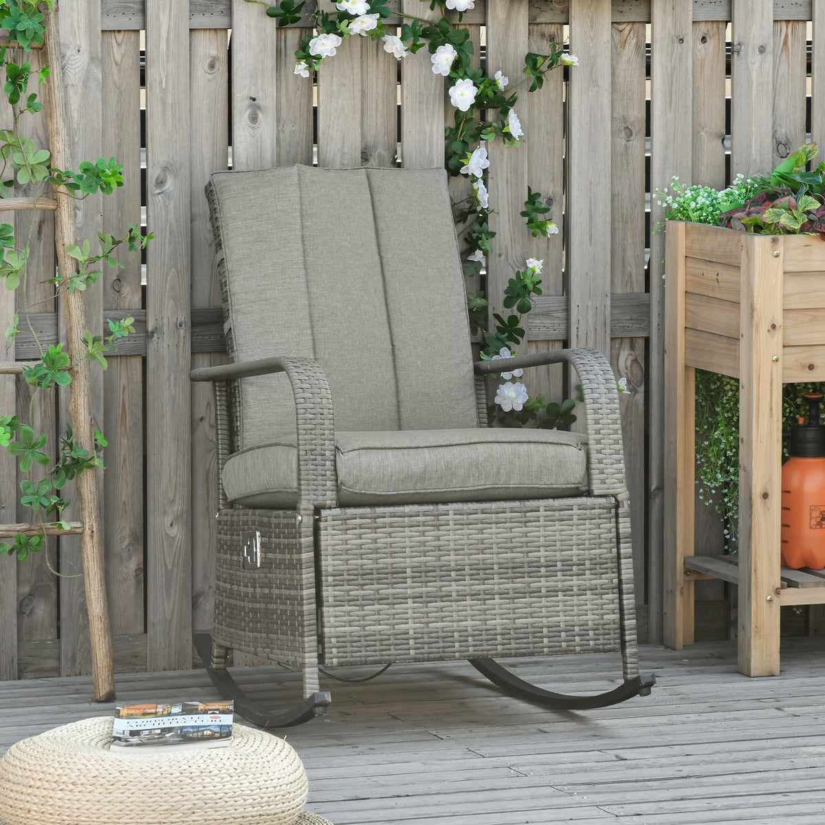 Outdoor Wicker Rocking Chair with Cushion, Patio PE Rattan Recliner Chair with Adjustable Footrest, Armrests, Red - Grey