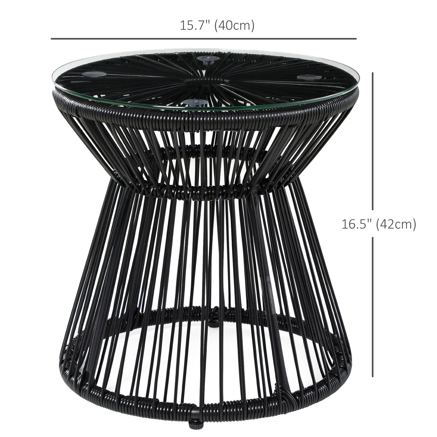 Round End Table, Rattan Side Table, Hollow Drum Design Coffee Table w/ Glass Top for Patio, Garden, Balcony, Dark Grey