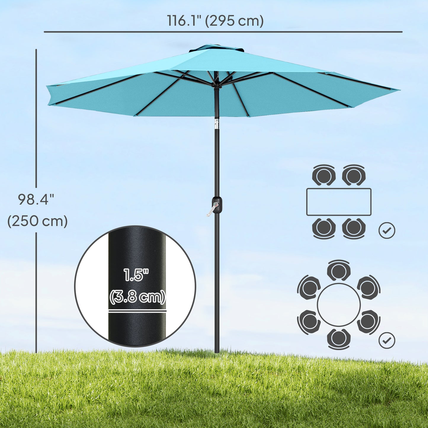 10' x 8' Round Market Umbrella, Patio Umbrella with Crank Handle and Tilt, Outdoor Parasol for Garden, Sky Blue