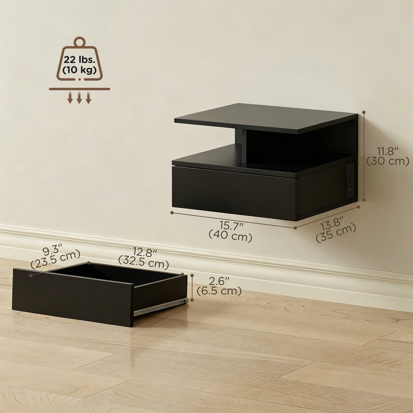 Floating Nightstand Set of 2, Wall Mounted Bedside Table with Power Outlets, Drawer and Shelf, Black