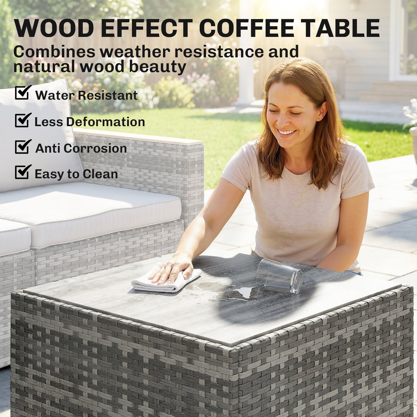 7 Piece Patio Furniture Set, L-Shaped Wicker Outdoor Sectional Sofa with Faux Wood Coffee Table, Cushions, Light Grey