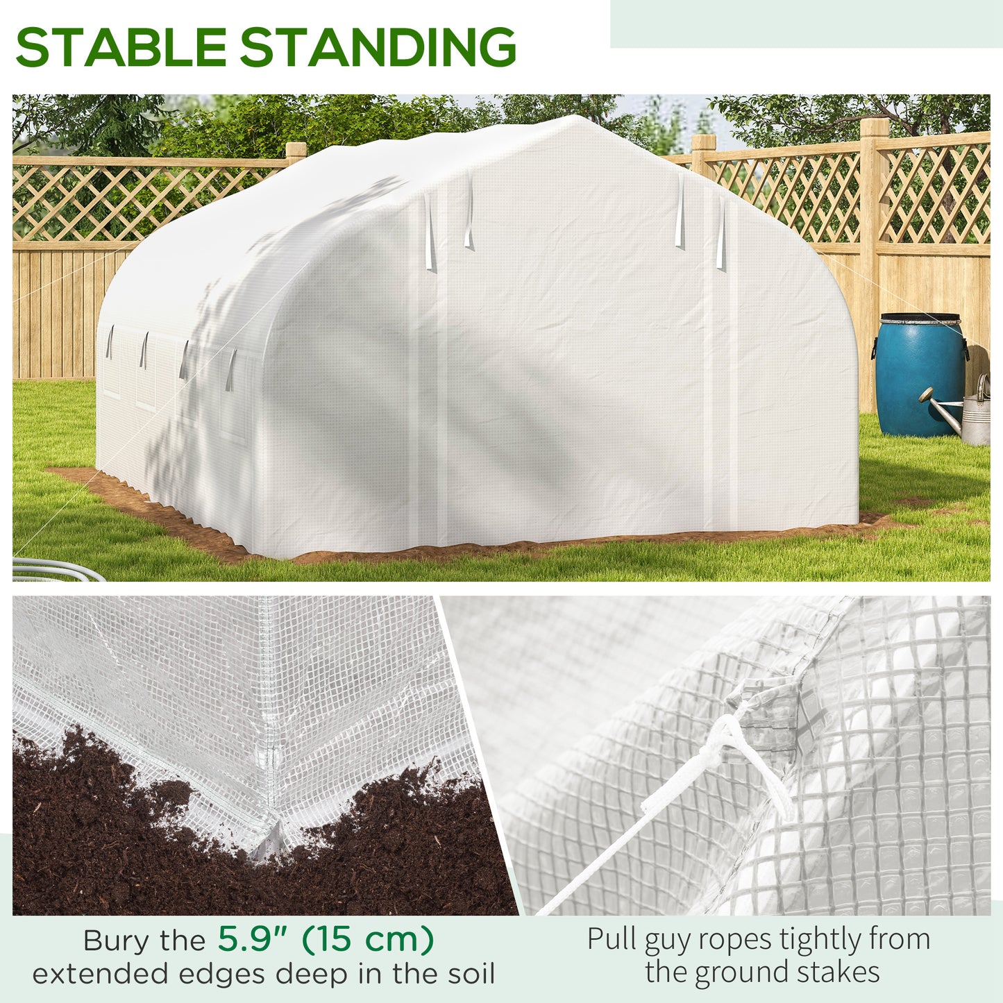 13 x 9.8ft Walk-in Polytunnel Greenhouse, Zipped Roll Up Sidewalls, Mesh Door, 8 Mesh Windows, Plant Labels and Gloves, Wind Resistance, White
