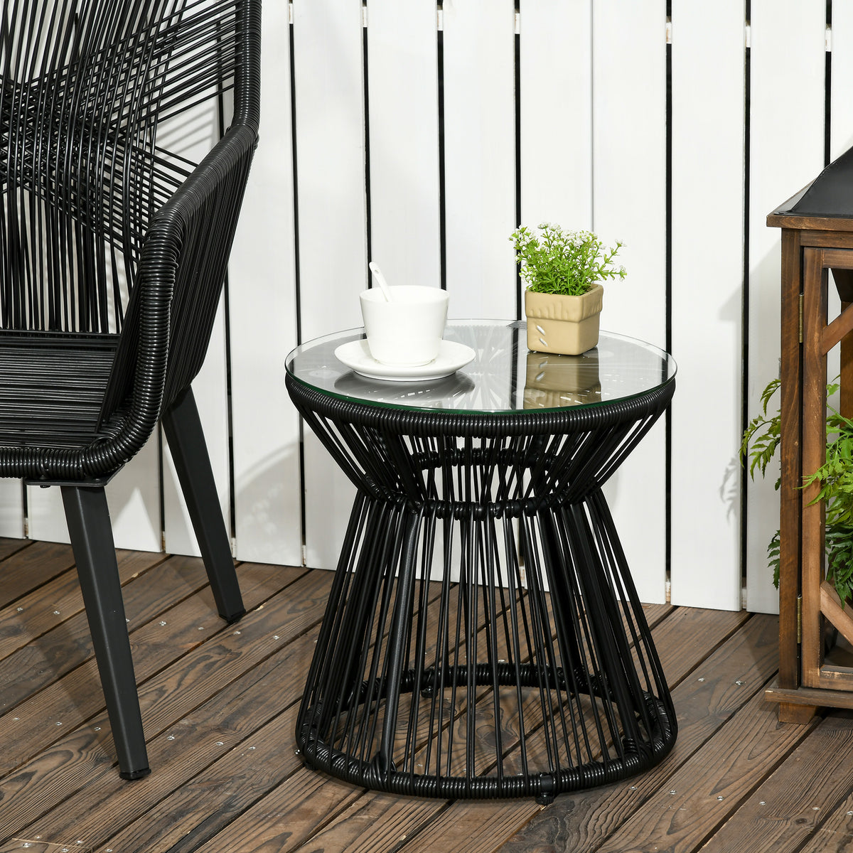 Round End Table, Rattan Side Table, Hollow Drum Design Coffee Table w/ Glass Top for Patio, Garden, Balcony, Dark Grey - Black