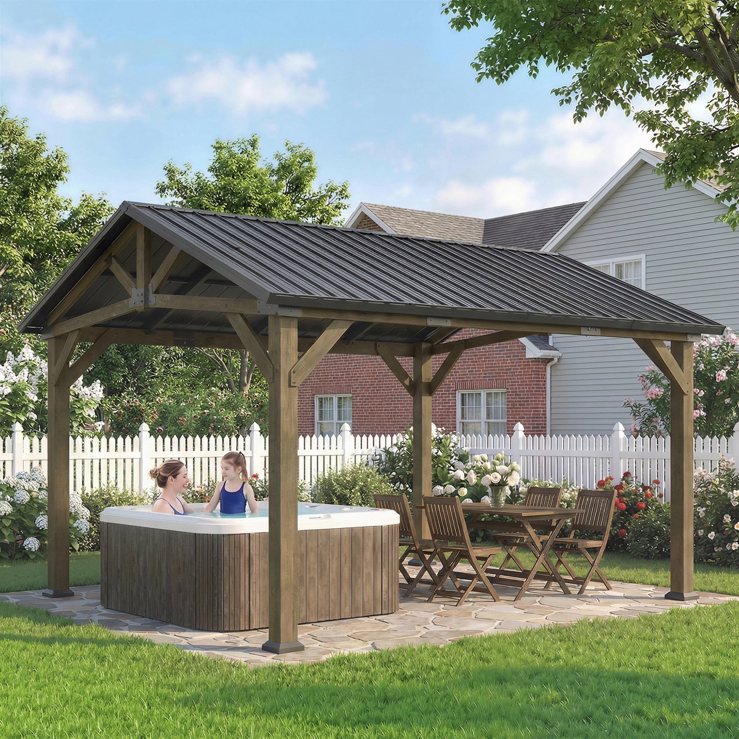 13' x 11' Hardtop Gazebo Canopy with Galvanised Metal Roof, Fir Wood Frame and Central Hook for Patio, Black Grey