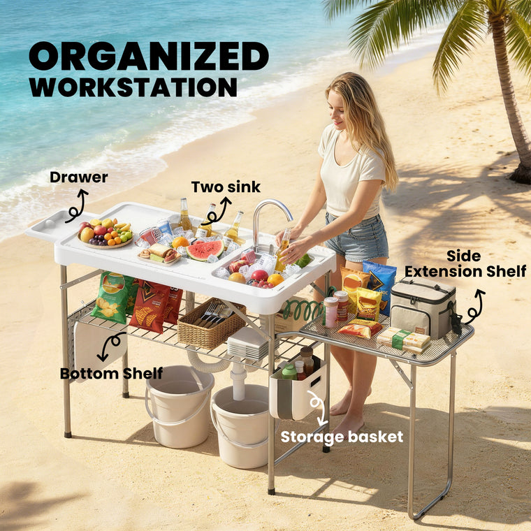 Folding Fish Cleaning Table with Side Shelf and Bottom Rack