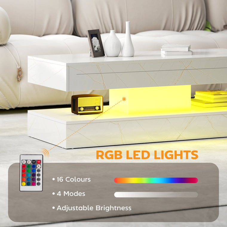 LED Coffee Table with 2 Drawers and Shelf
