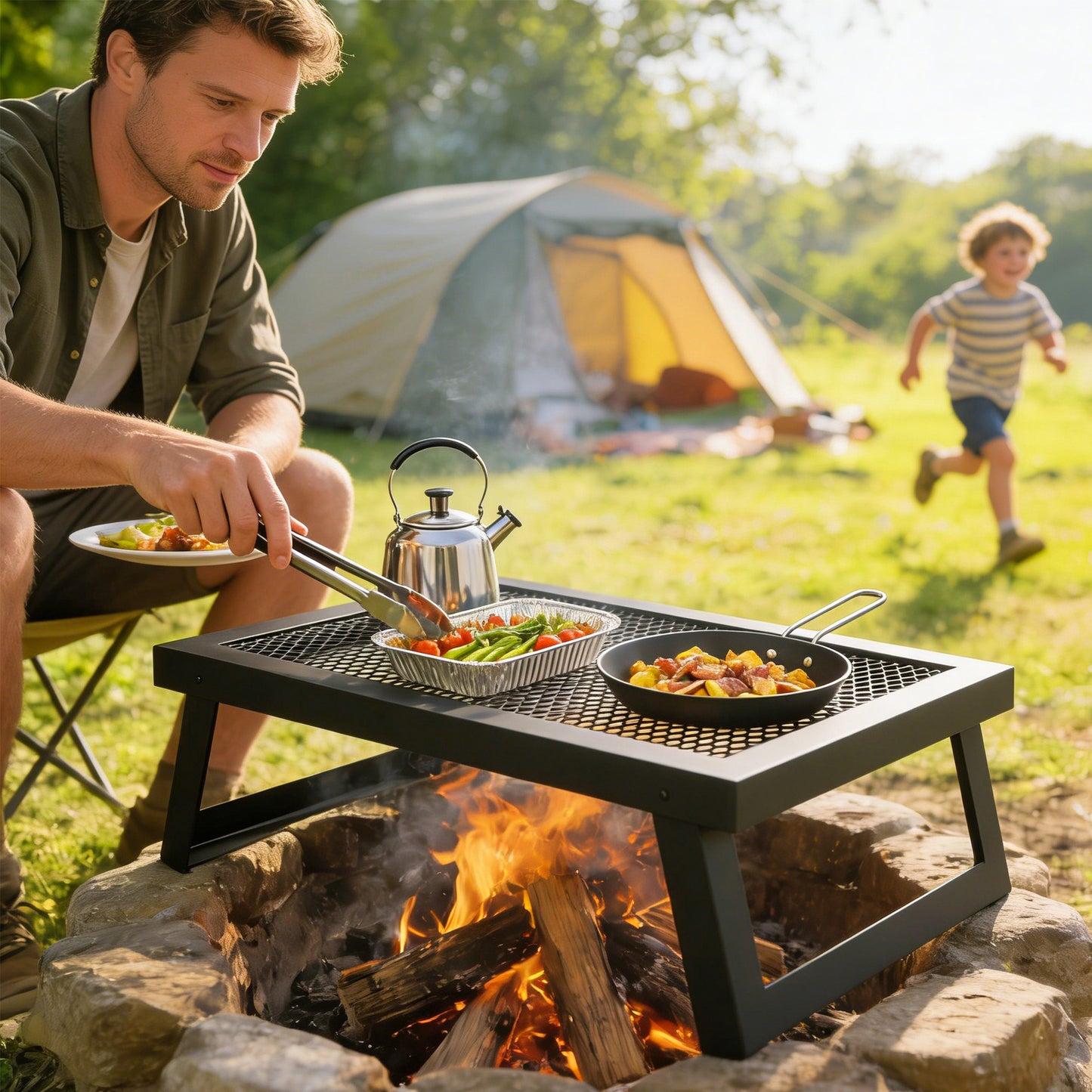 Folding Campfire Grill, 36" x 18" Heavy Duty Carbon Steel Grill Grate with Folding Legs, Black - 22' x 12'