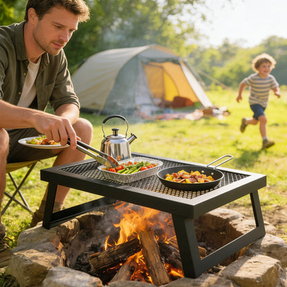 Folding Campfire Grill, 36" x 18" Heavy Duty Carbon Steel Grill Grate with Folding Legs, Black - 22' x 12'