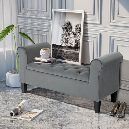 Button-Tufted Storage Bench with Rolled Arms - Grey