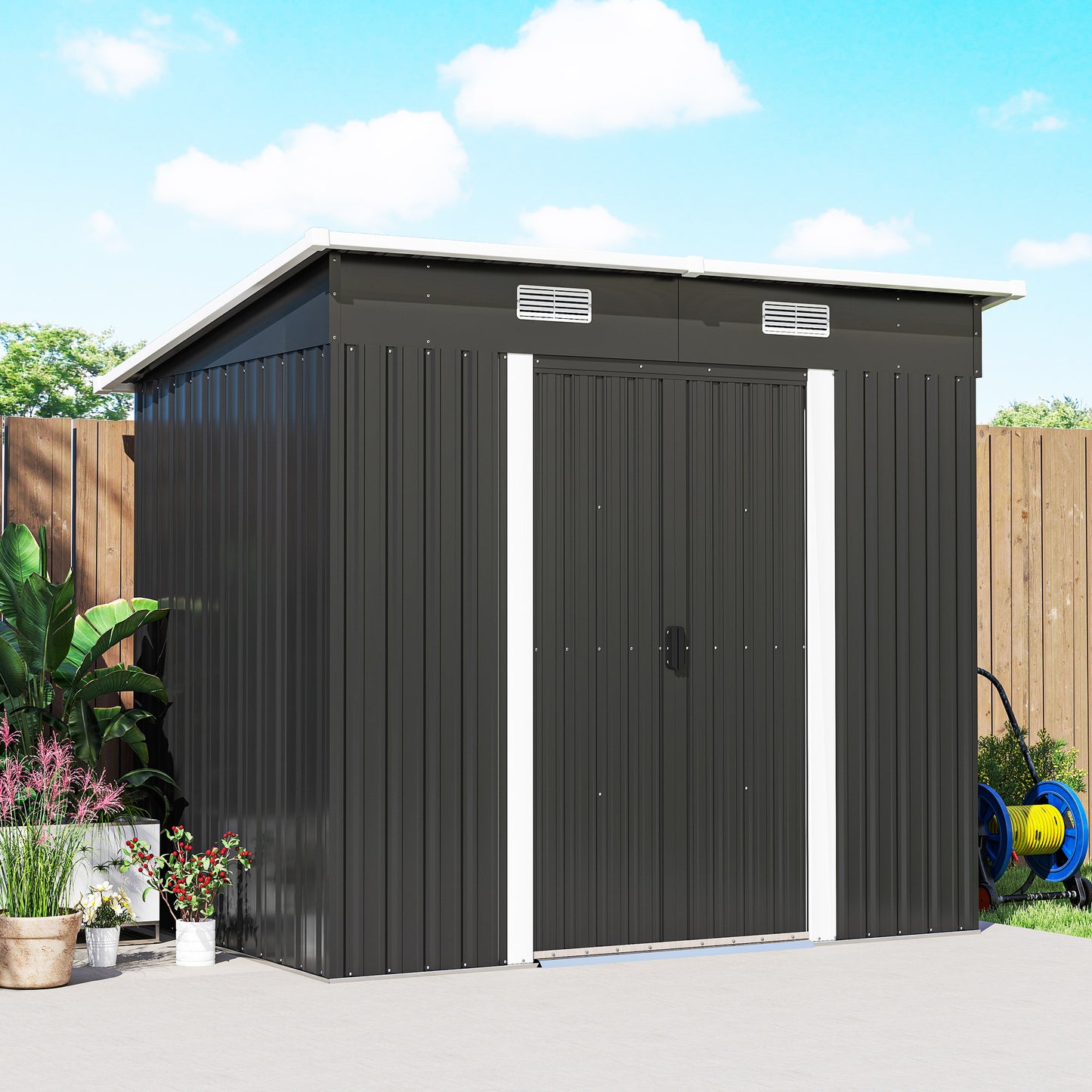 7' x 4' Metal Storage Shed, Lockable Tool Unit - Black