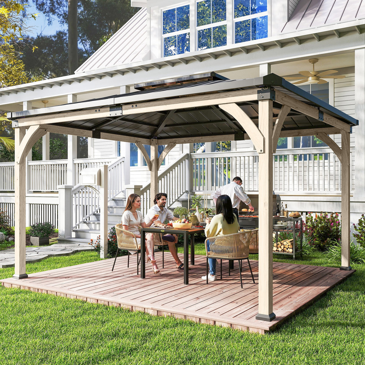 12' x 14' Light Walnut Hardtop Gazebo with Steel Roof