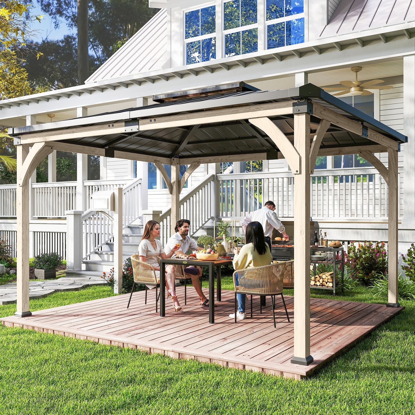 12' x 14' Light Walnut Hardtop Gazebo with Steel Roof