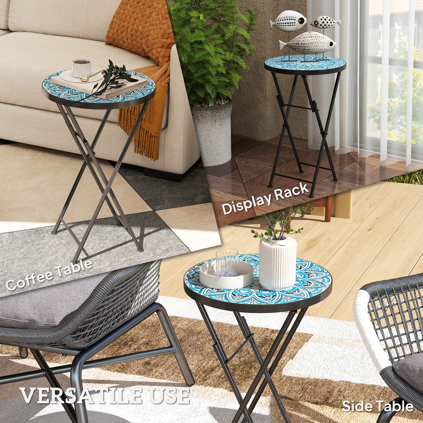 Mosaic Outdoor Patio Side Table, 14" Round Folding Outdoor Coffee Table with Steel Frame for Balcony Deck Patio Terrace, Mixed Colour