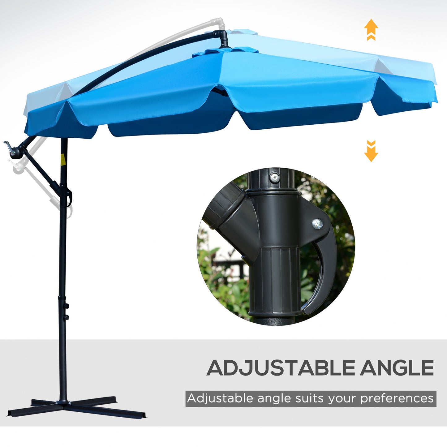 9FT Offset Hanging Patio Umbrella Cantilever Umbrella with Easy Tilt Adjustment, Cross Base and 8 Ribs for Backyard, Poolside, Lawn and Garden, Blue