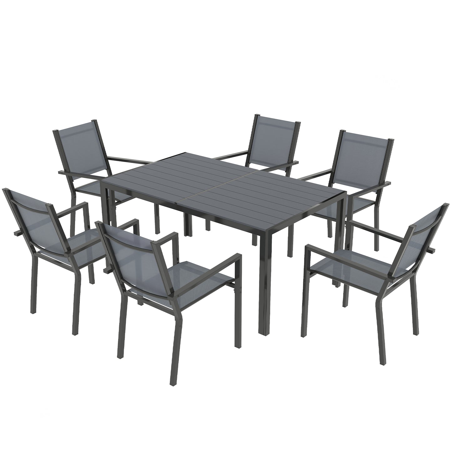 7 Piece Outdoor Dining Set with 6 Stackable Chairs, Rectangle Table, WPC Slatted Top, Rust-Resistant Steel Frame