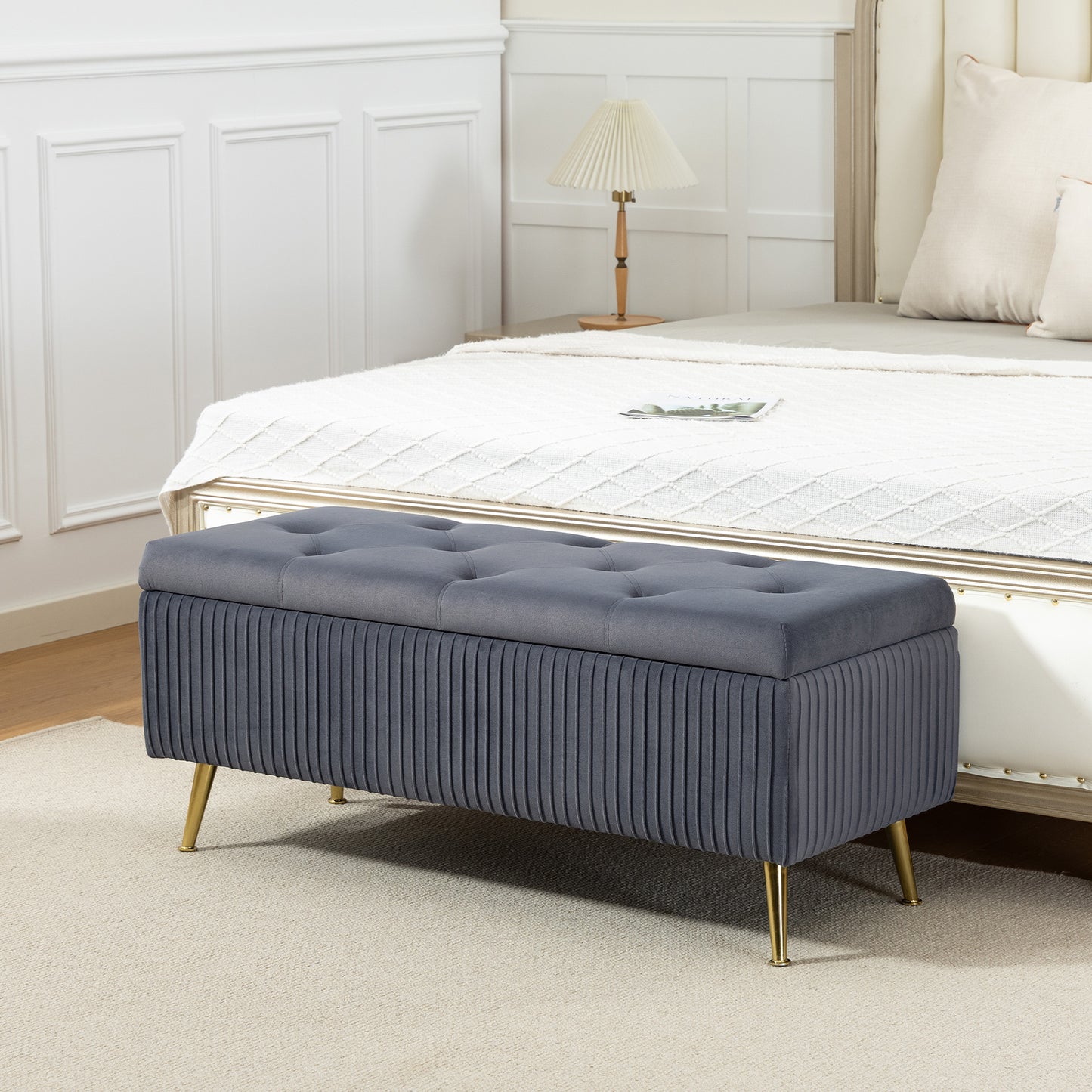 Storage Ottoman Bench, 43 Inch Large Storage Chest with Steel Legs and Padded Seat, Foot Rest, Load 485 lbs, Dark Grey