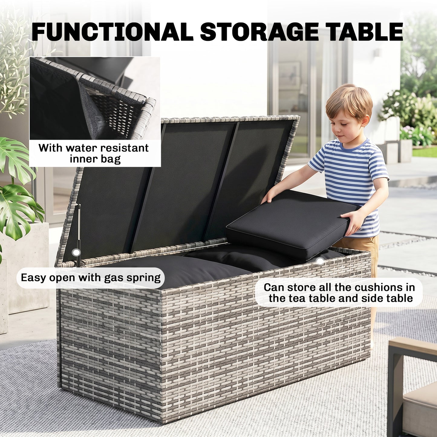 6 Pieces Wicker Patio Furniture Set with Cushions, 7-Seater Rattan Patio Sofa Set with Storage Table, Black