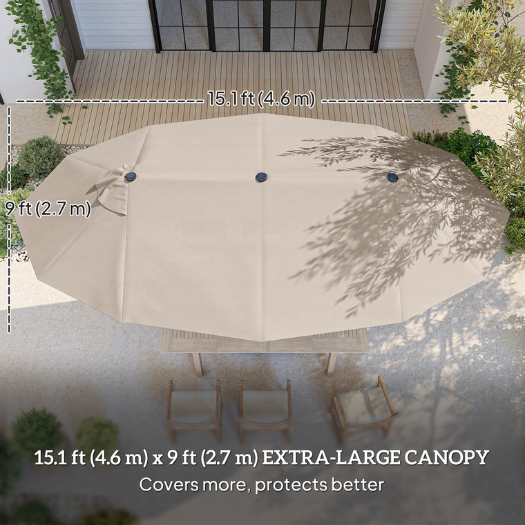 15' Khaki Steel Table Umbrella with Twin Canopy & Lift Crank