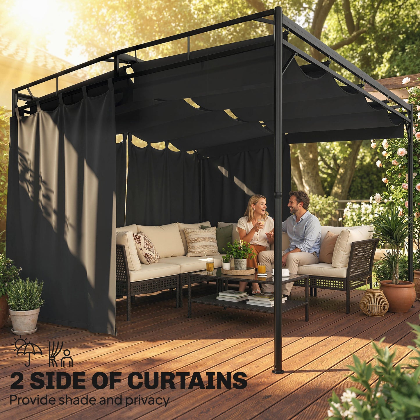 10' x 10' Retractable Pergola Canopy, Outdoor Pergola with Curtains, Metal Garden Gazebo Sun Shade Shelter for Patio