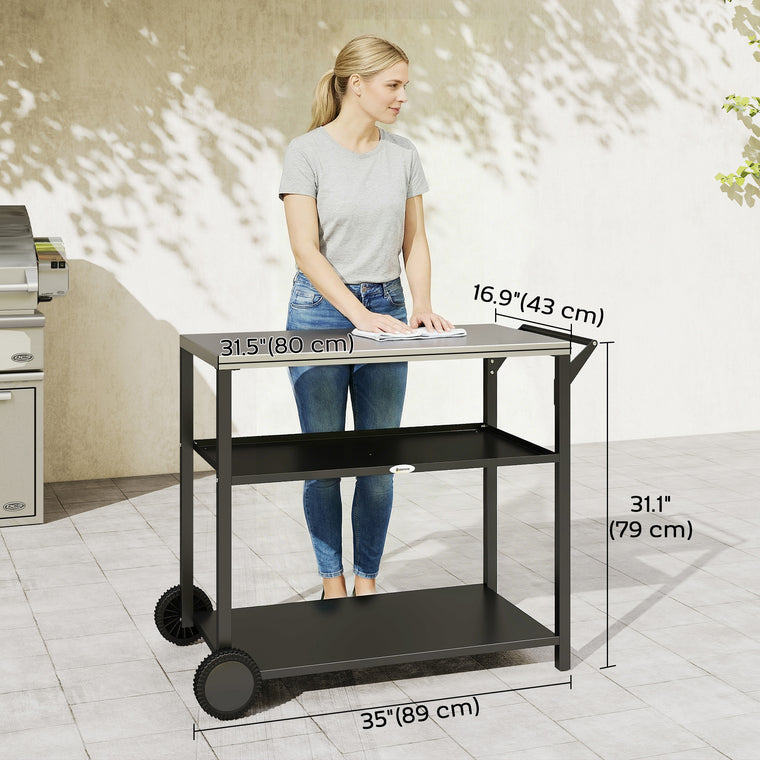 Black 3-Tier Grill Cart with Stainless Steel Tabletop