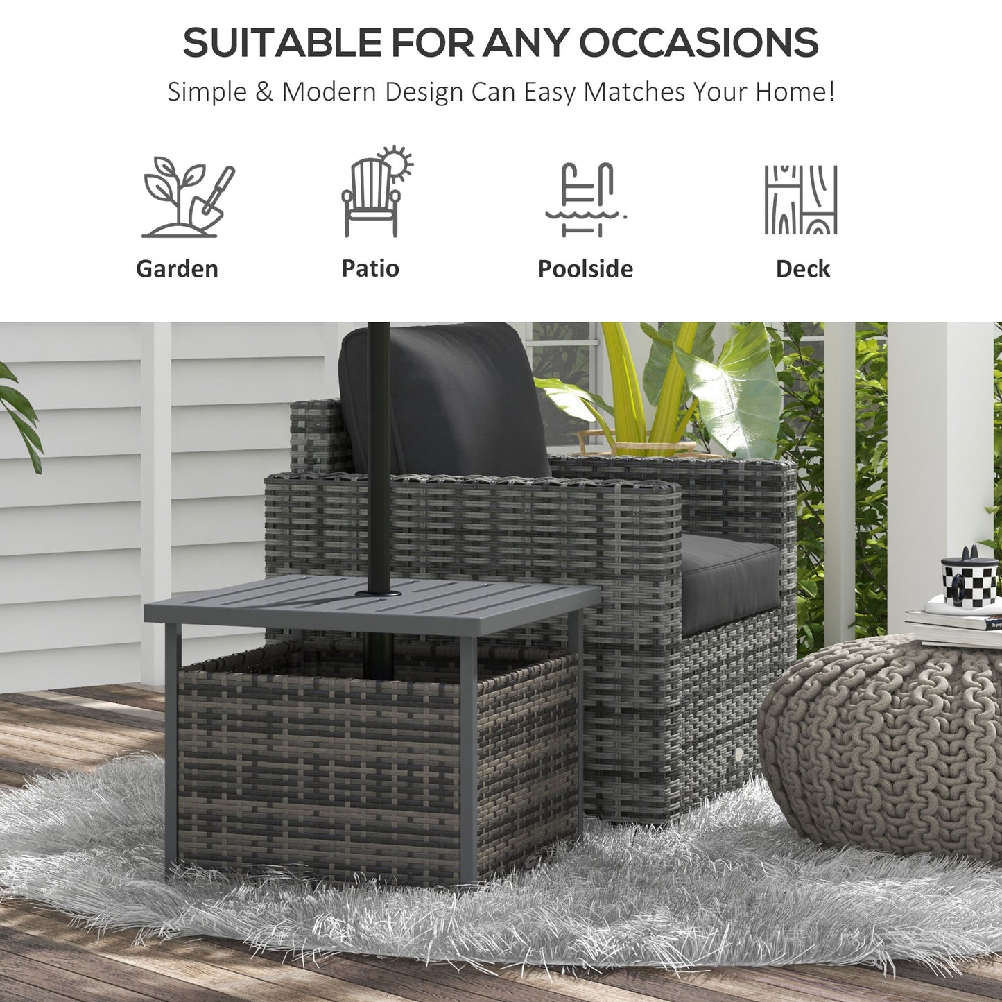 Rattan Coffee Wicker Patio Table w/ Umbrella Hole for Backyard Mixed-Grey