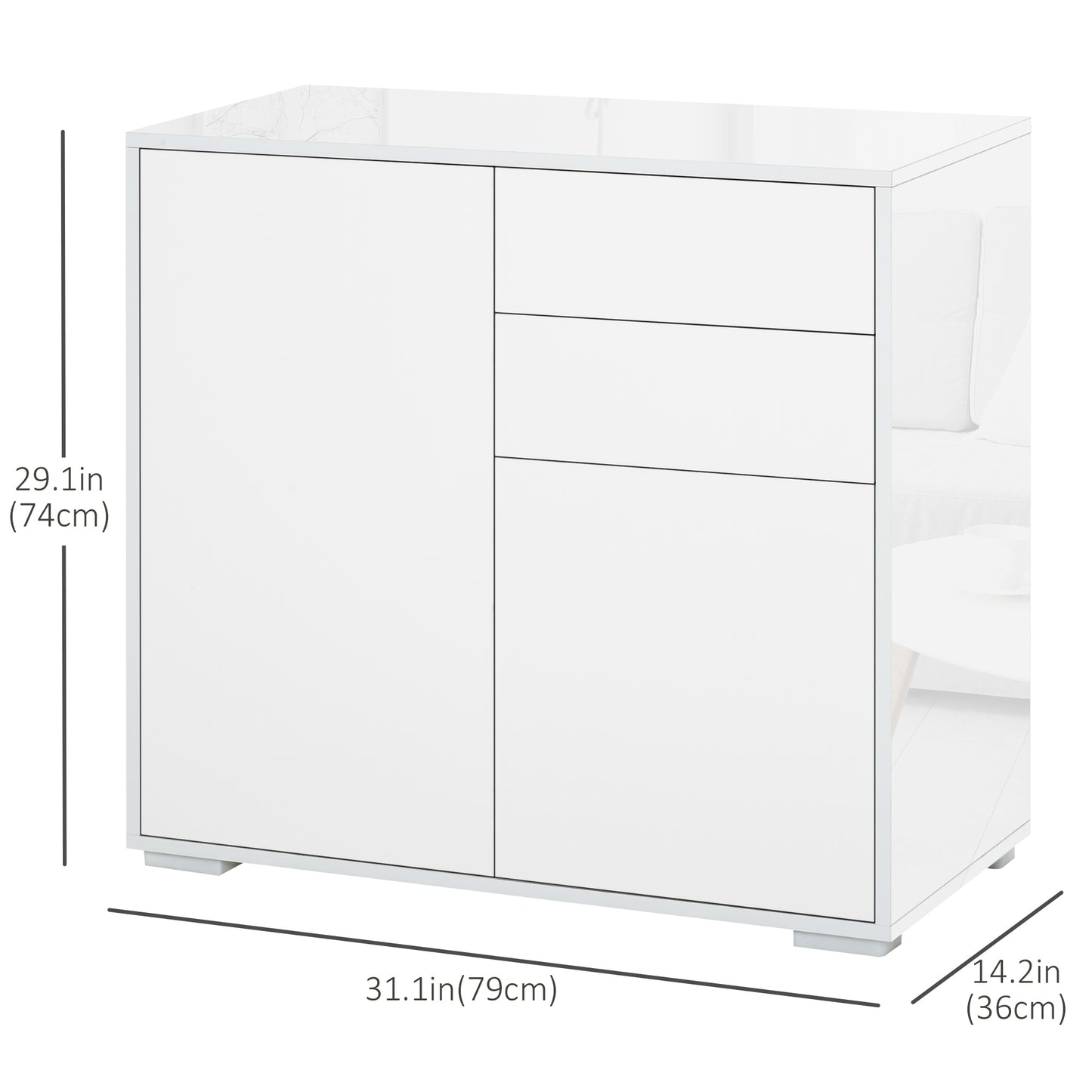 High Gloss Buffet Sideboard with 2 Drawers, 2 Doors and Adjustable Shelf, Kitchen Storage Cabinet with Push Open Design, White