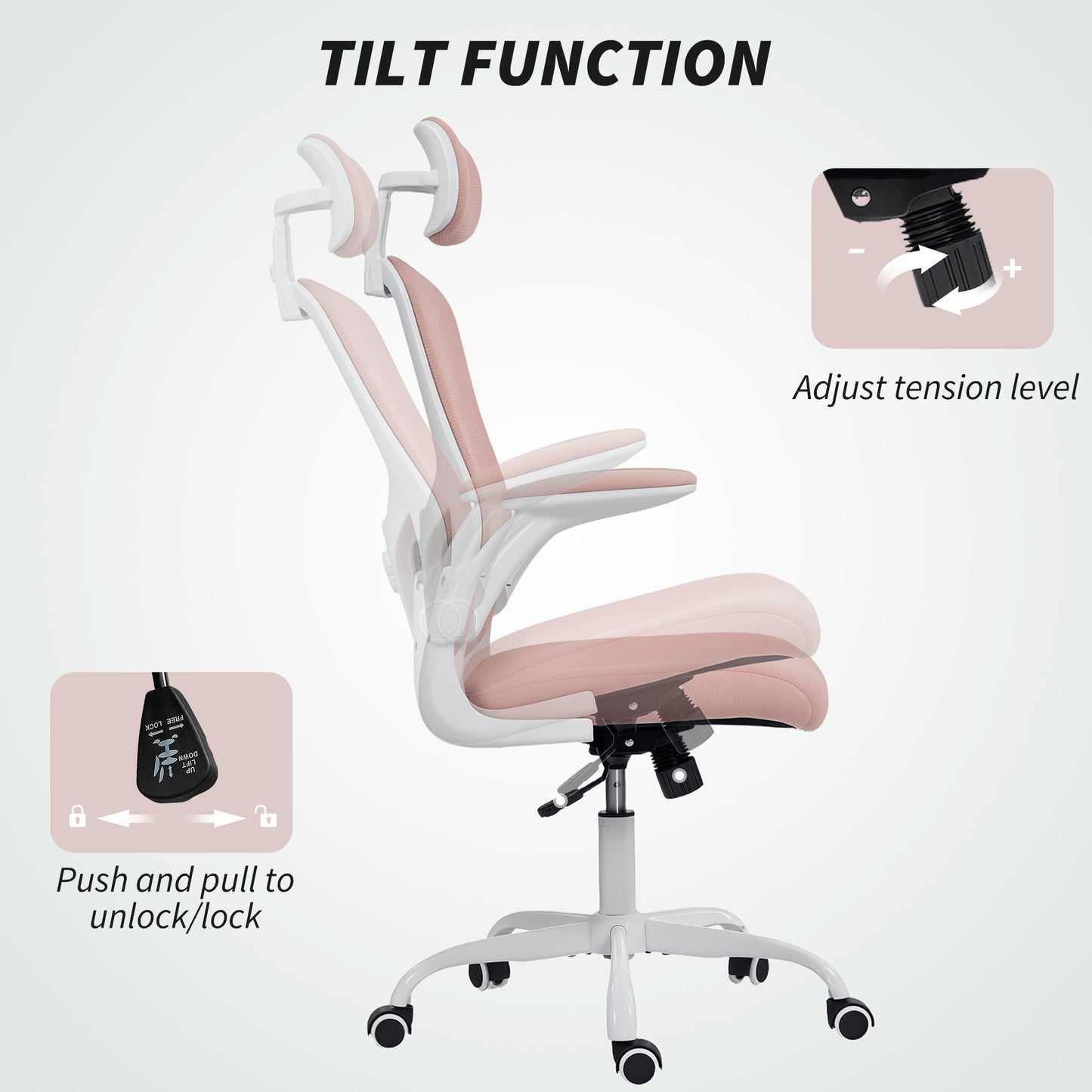 Ergonomic Office Chair, Mesh Desk Chair with Adjustable Headrest, Lumbar Support and Height, Flip-Up Armrests, Pink