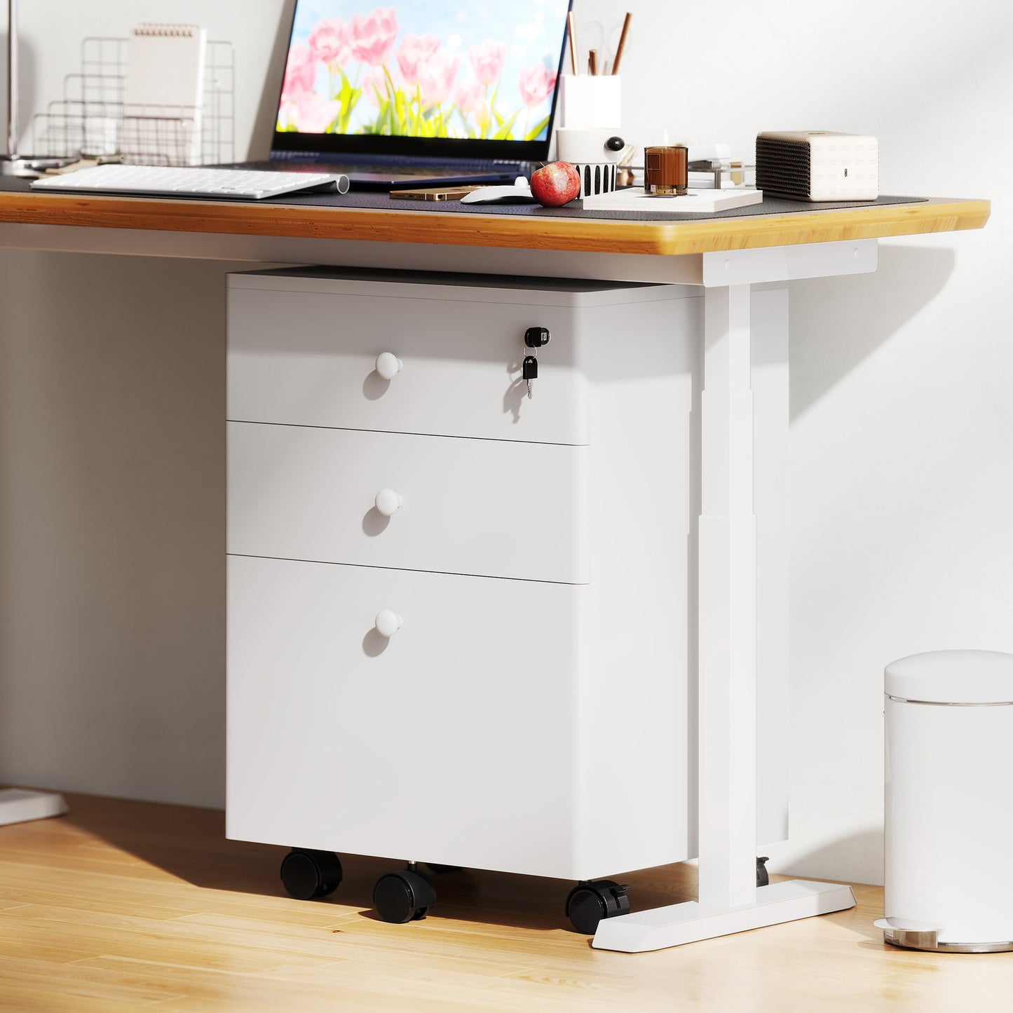 3-Drawer Small Filing Cabinet with Lock, Vertical Office Storage Cabinet with Wheels for Home Office, White