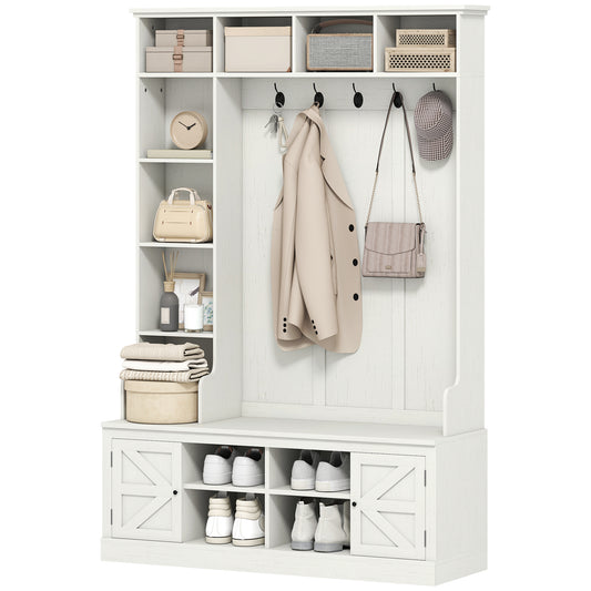 Hall Tree Storage Bench with Coat Rack - White Wood Grain