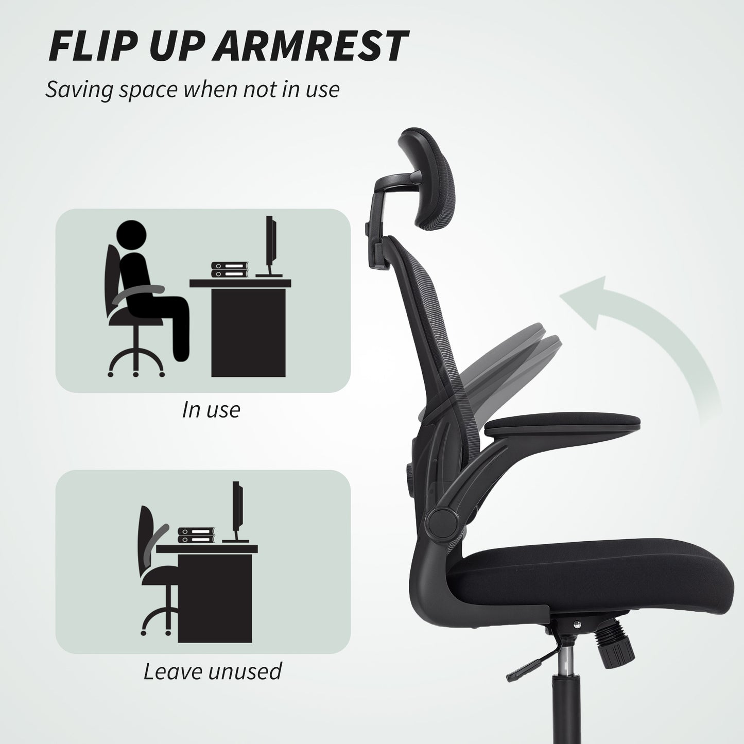 Ergonomic Office Chair, Mesh Desk Chair with Adjustable Headrest, Lumbar Support and Height, Flip-Up Armrests, Black