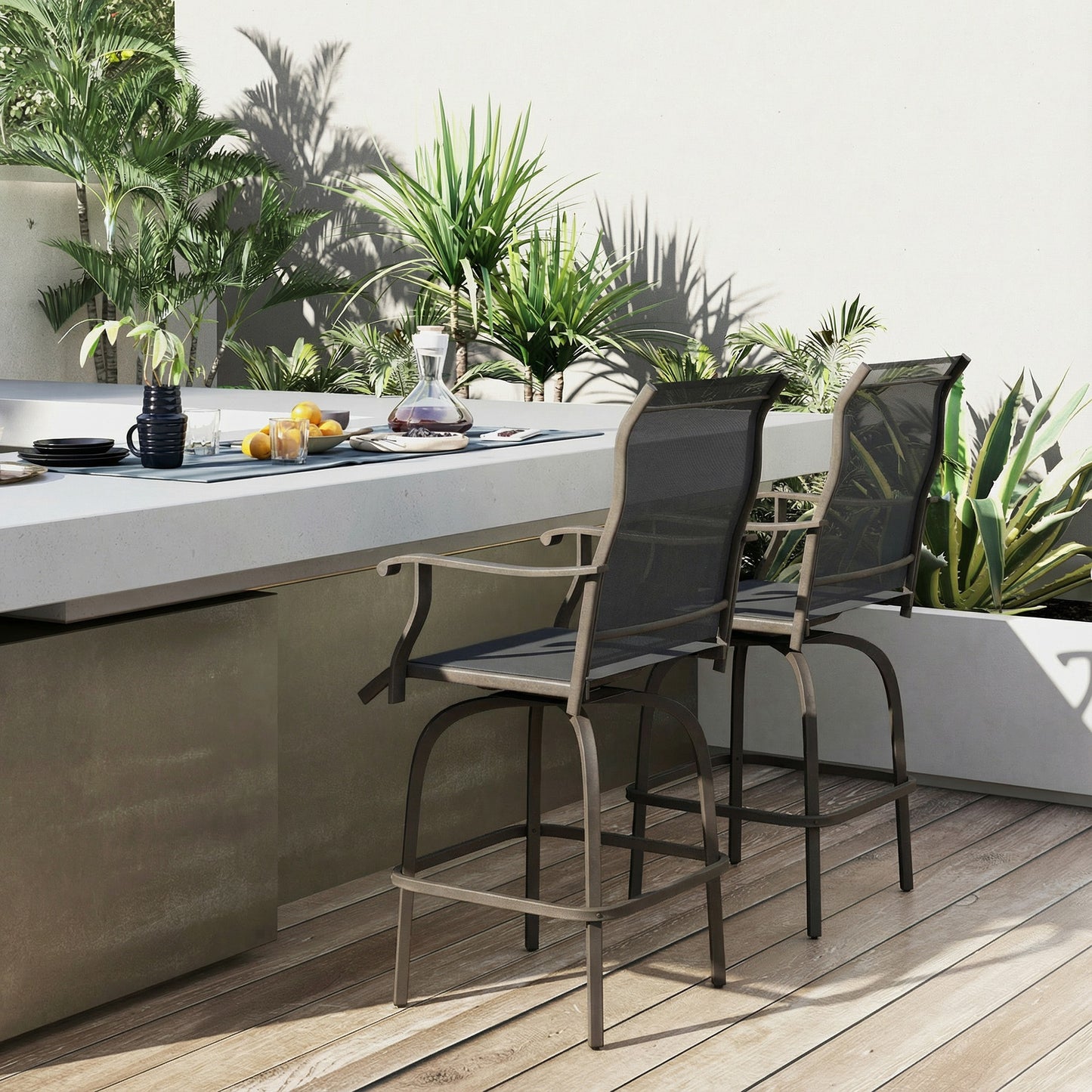 Outdoor Bar Stools Set of 2, Swivel Bar Height Chairs with High Back, Curved Armrests and Steel Frame, Black
