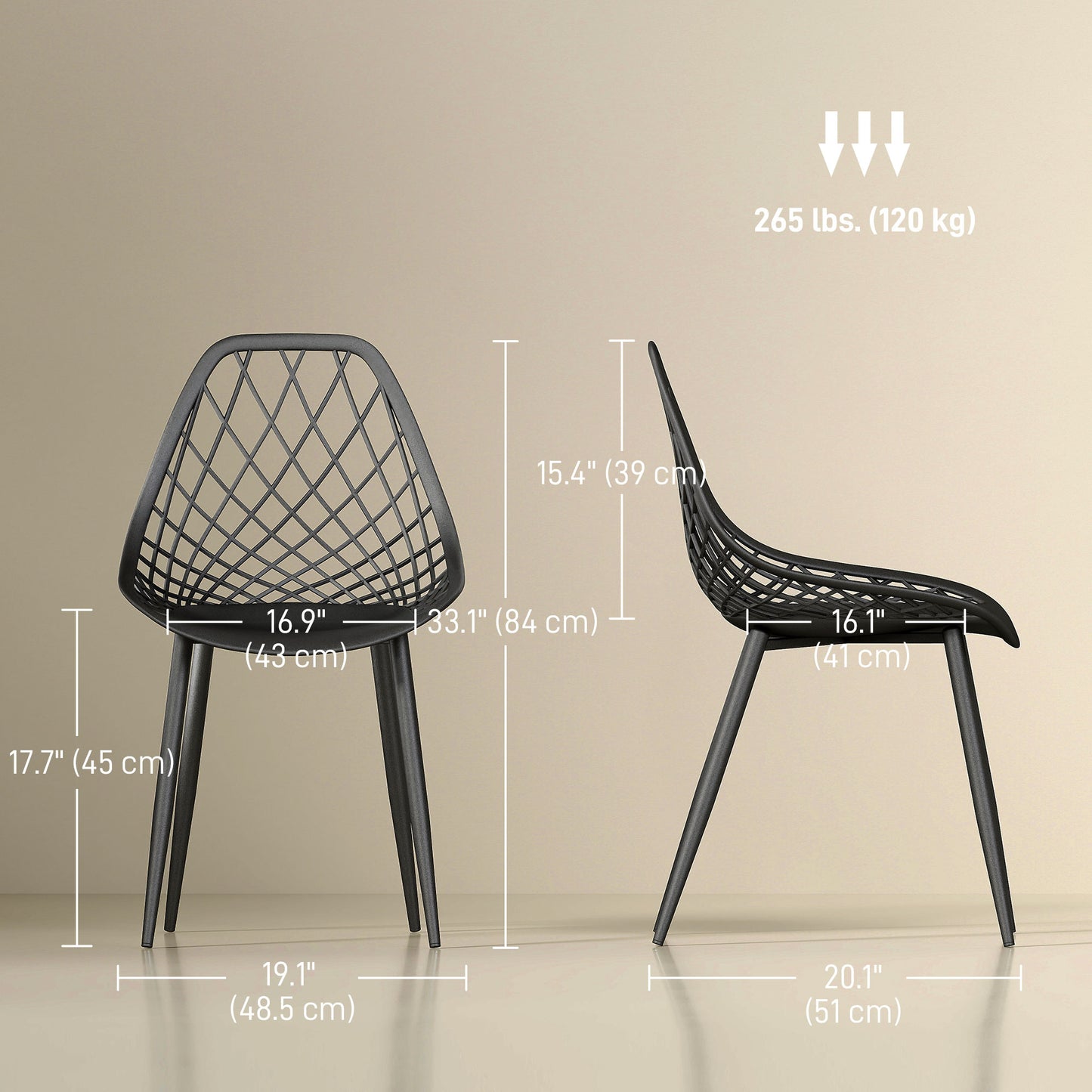 Modern Dining Chairs Set of 4, Plastic Kitchen Chairs with Hollow Backrest and Metal Legs for Living Dining Room, Black