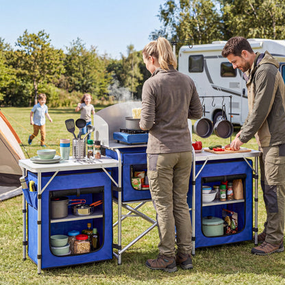 Blue Aluminum Folding Camping Kitchen Table with Cupboards
