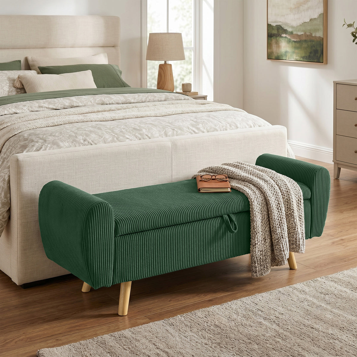 Storage Ottoman, 59" Corduroy End of Bed Storage Bench for King Size Bed with Wooden Legs and Rolled Arms, Dark Green