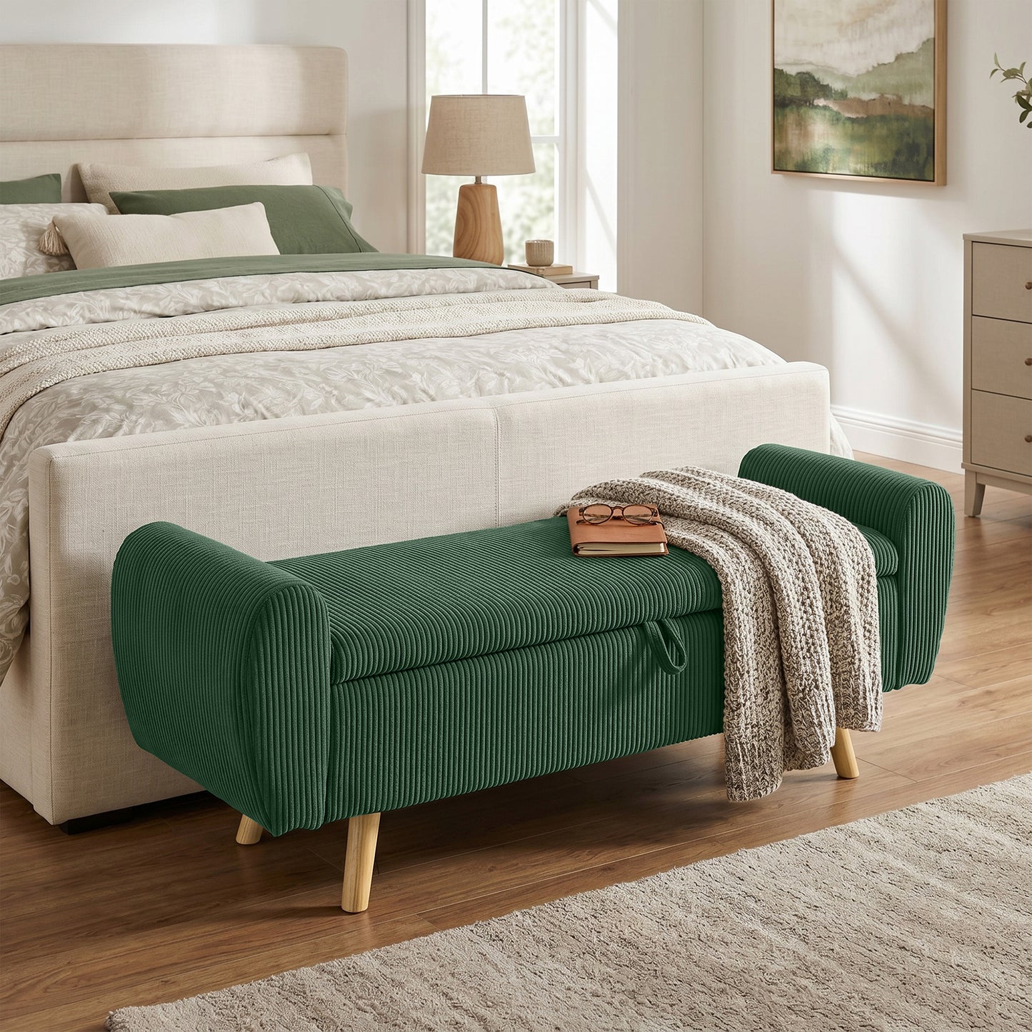 Storage Ottoman, 59" Corduroy End of Bed Storage Bench for King Size Bed with Wooden Legs and Rolled Arms, Dark Green