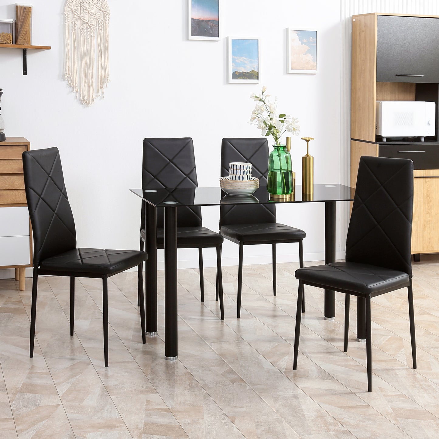 Dining Table and Chairs Set for 4, Modern 5 Pieces Kitchen Table Set with Glass Table, Padded Seat and Steel Frame