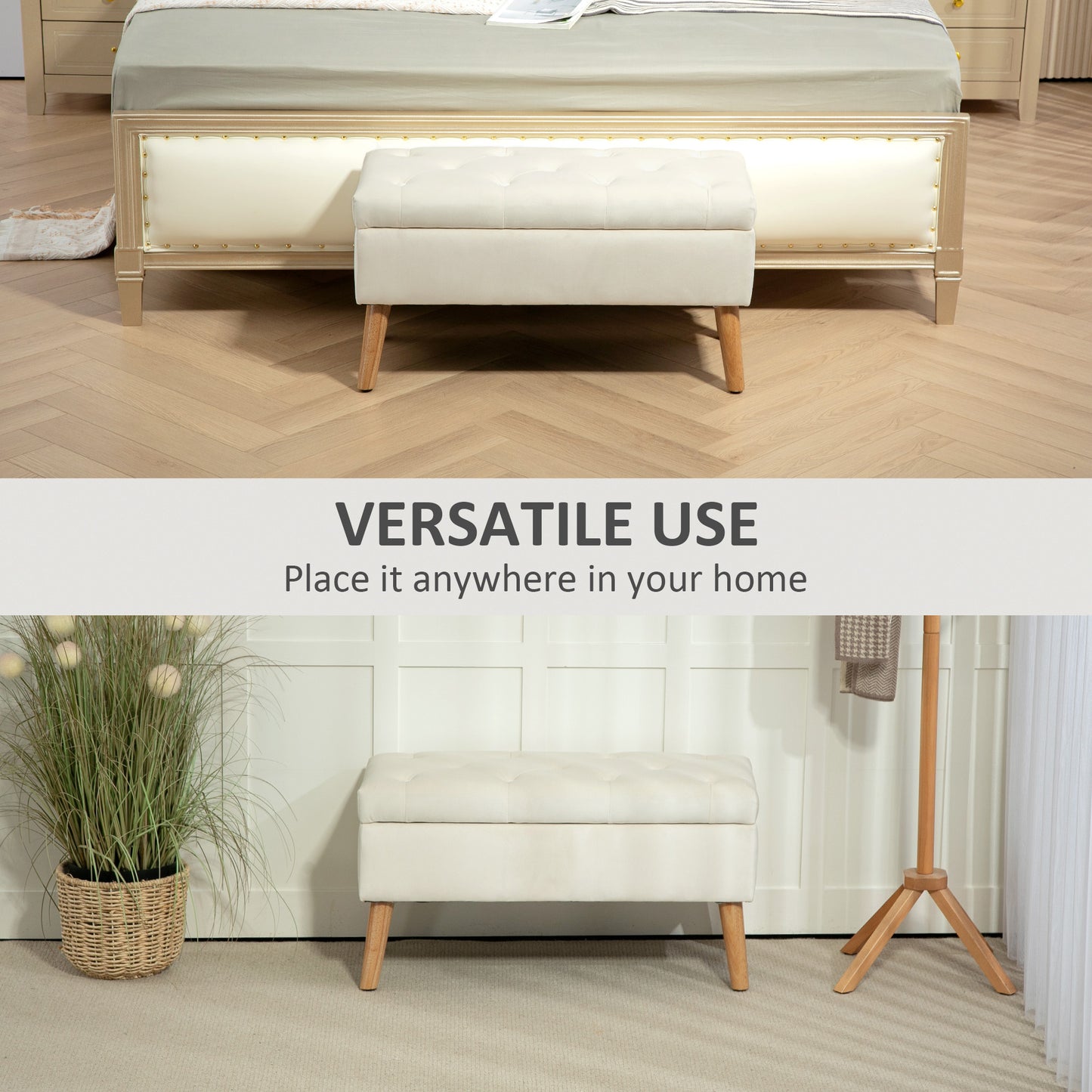 Storage Ottoman with Lid, Velvet Upholstered Storage Bench with Wood Legs for Living Room, Cream White