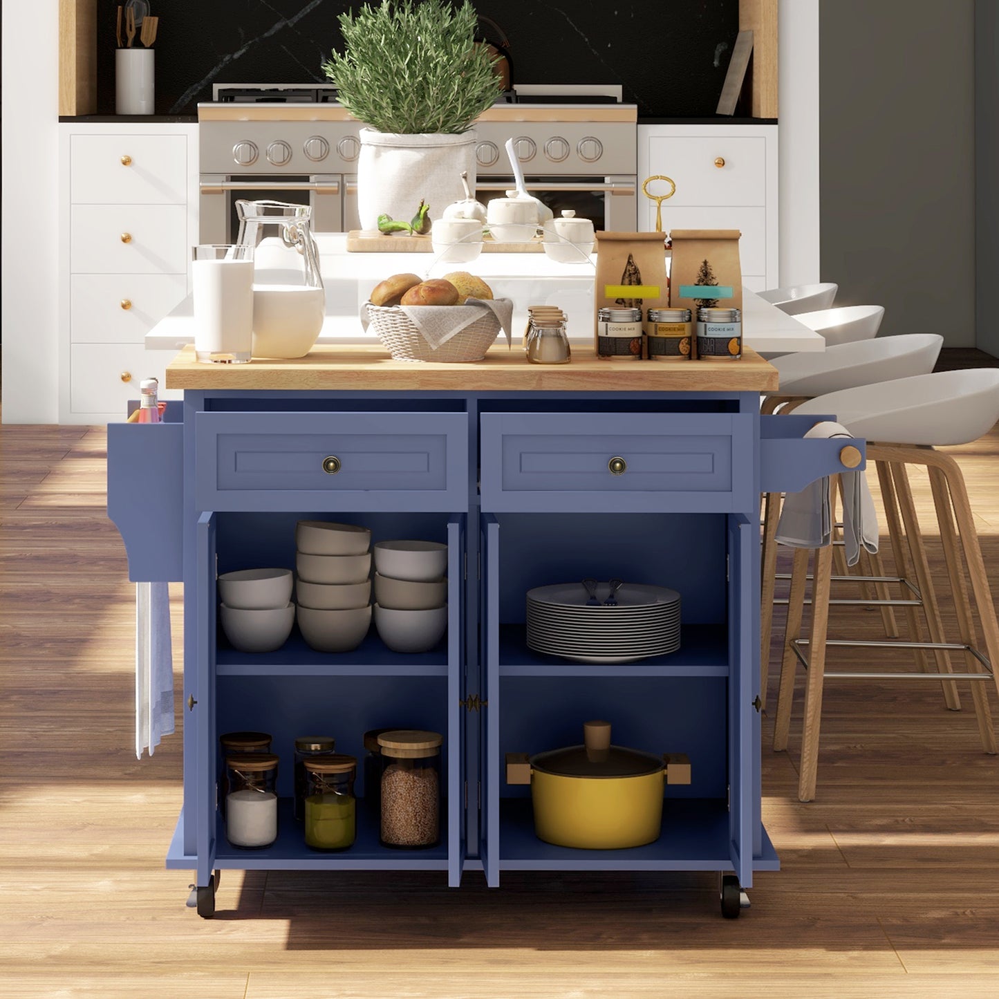 Kitchen Island with Storage, Rolling Trolley Cart with Rubber Wood Top, Spice Rack, Towel Rack, Navy Blue
