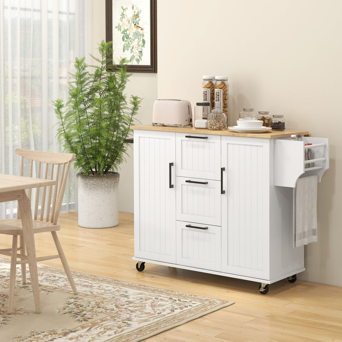 Rolling Kitchen Cart on Wheels with Drop Leaf, Kitchen Island with 3 Drawers, Solid Wood Top and Towel Rack, White