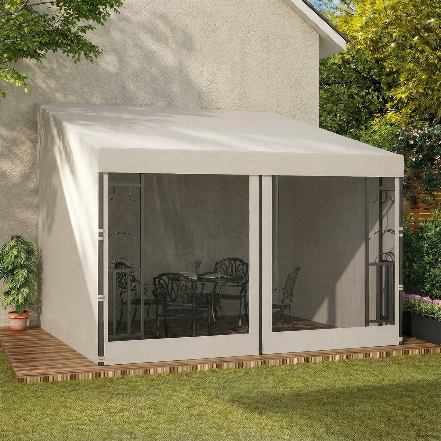 10' x 10' Wall Pergola, Outdoor Gazebo with 2 Curtains and 2 Nettings, UV Resistant, for Patio, Deck, Beige
