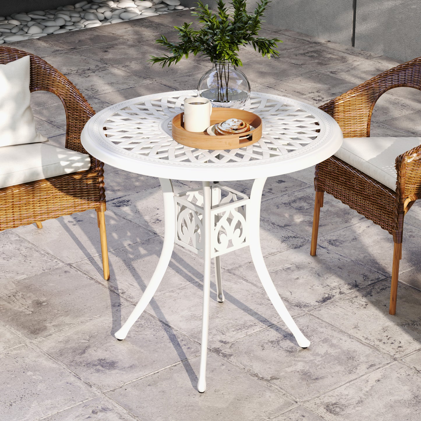 30-inch Round Patio Dining Table with Umbrella Hole Cast Aluminium Outdoor Bistro Table, White