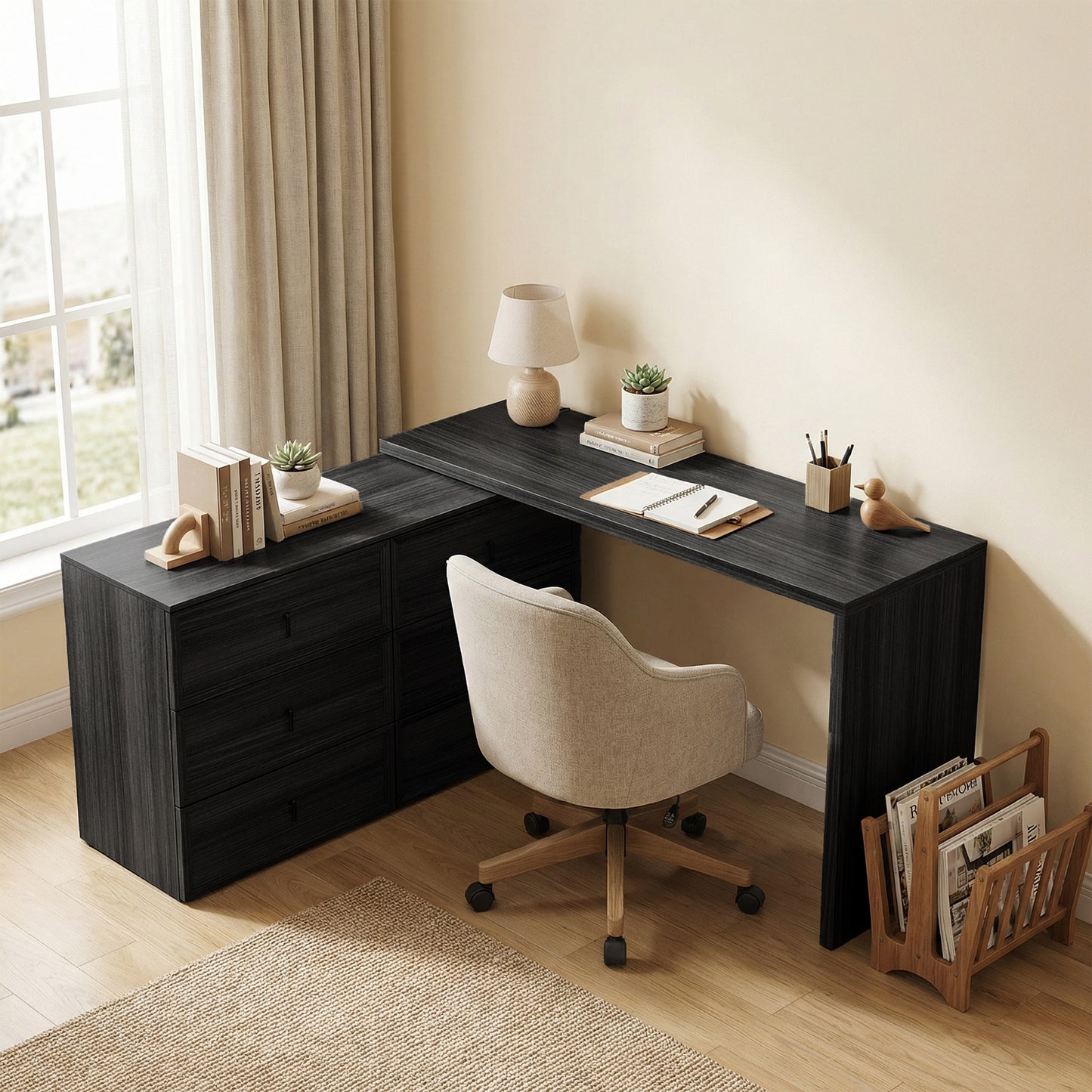 L Shaped Computer Desk Home Office Desk with 6 Drawers Black Wood Grain
