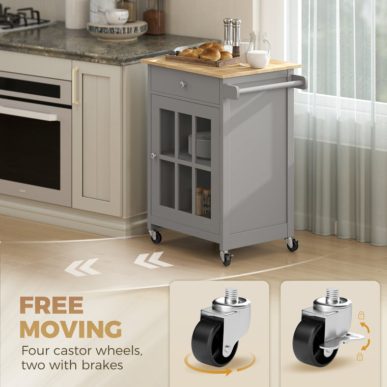 Rolling Kitchen Cart with Drawer and Glass Cabinet