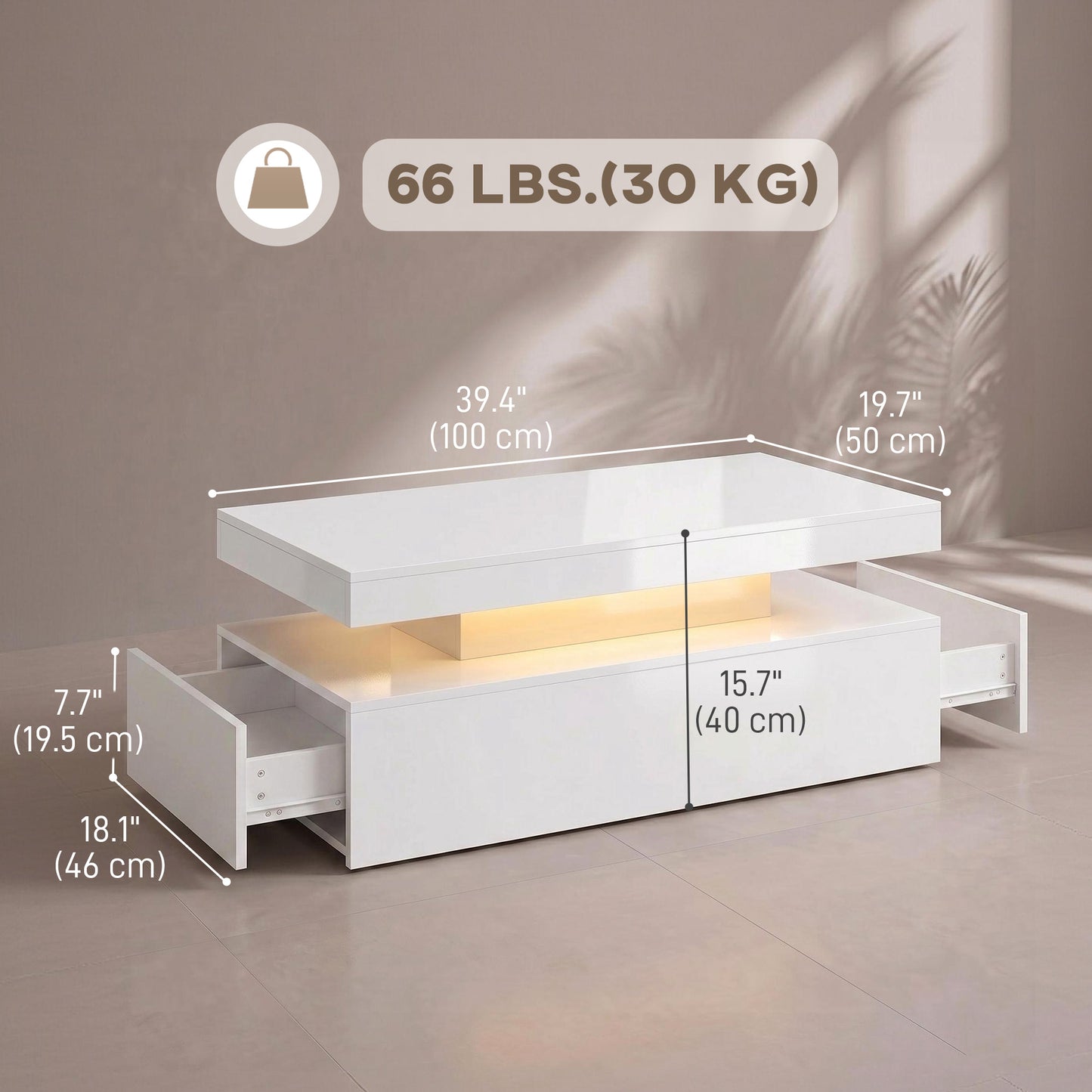 LED Coffee Table with Storage, 2-Tier Modern Center Table with 2 Drawers for Living Room, High Gloss White