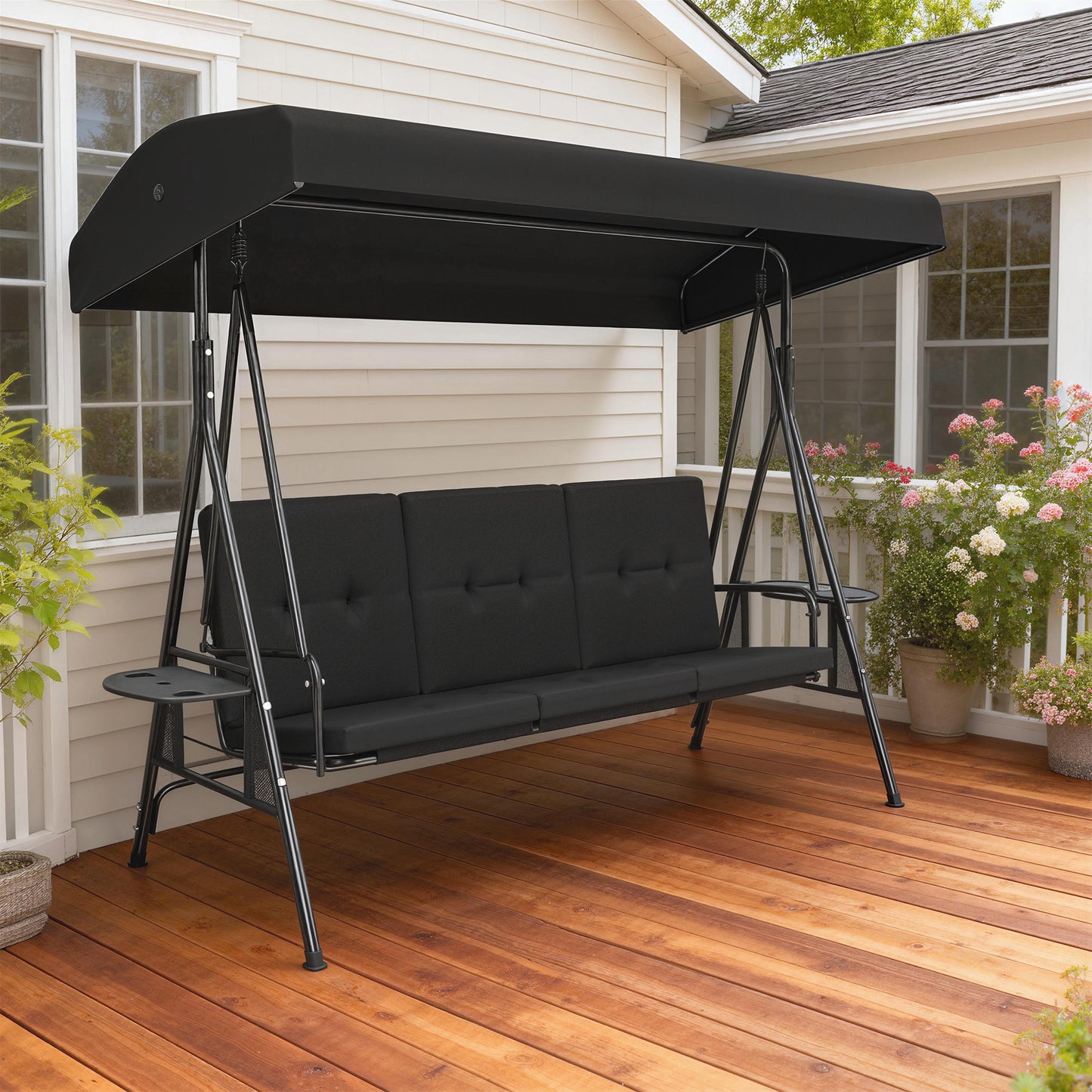 3-Seat Outdoor Porch Swing Patio Swing with Adjustable Canopy, Side Tray, Removable Cushion for Garden, Poolside, Black