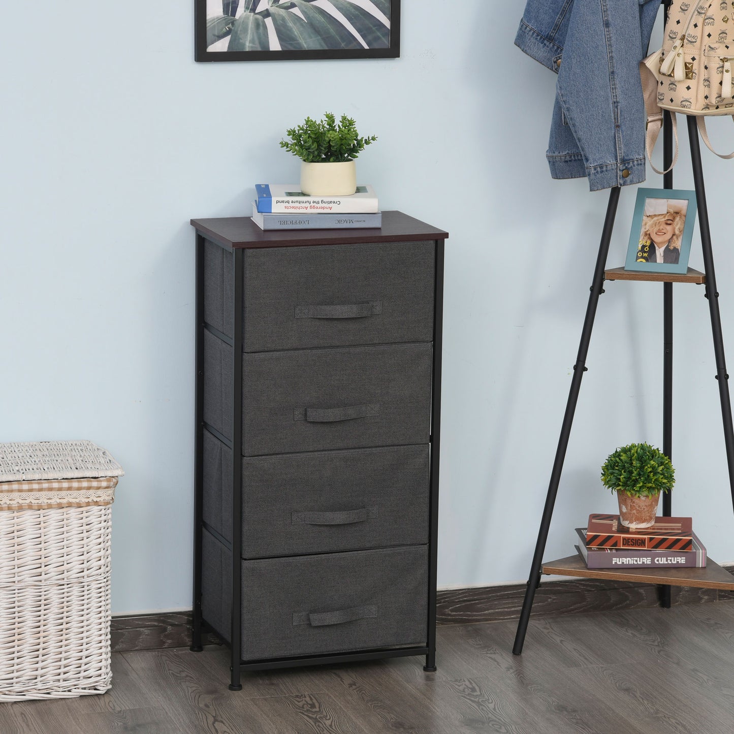 Linen Drawer Cabinet Organizer Storage Dresser Tower with 4 Removable Drawer Metal Frame Adjustable Feet for Living Room, Kitchen, Bathroom, Black