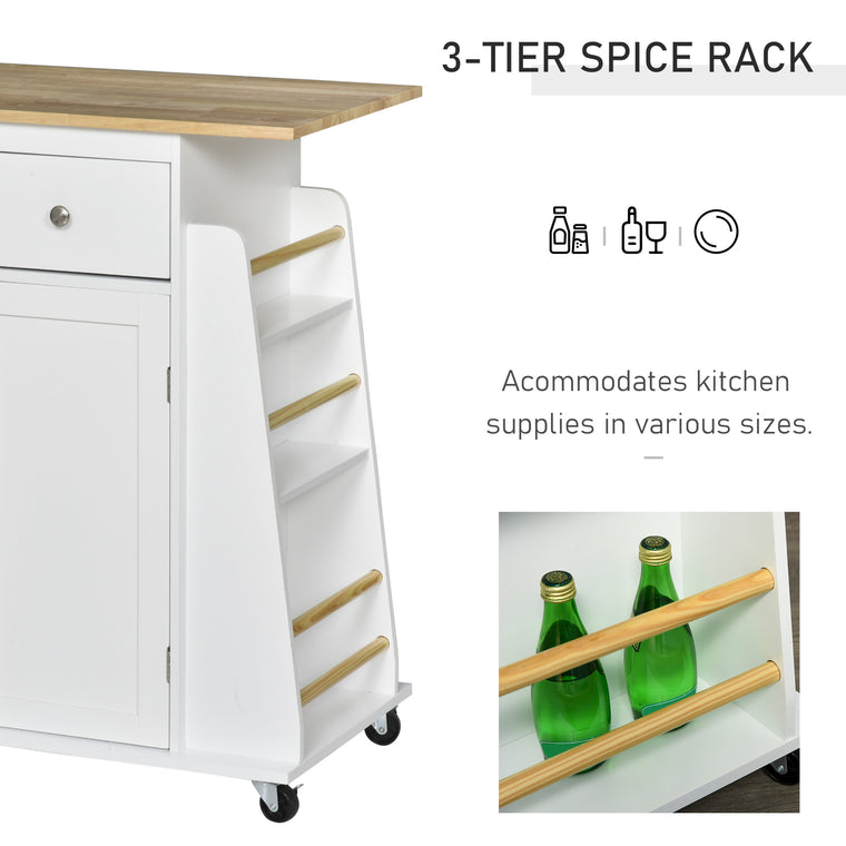 Rolling Kitchen Island Cart with Spice Rack - White